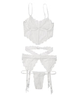 Scallop Stretch Lace Long Line Soft Cup Bra, Garterbelt & G-String White O/S