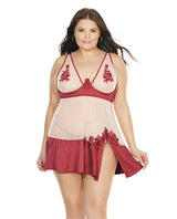 Sheer Nylon & Stretch Satin Babydoll w/Underwire Cups & G-String Merlot/Nude 3X/4X