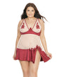 Sheer Nylon & Stretch Satin Babydoll w/Underwire Cups & G-String Merlot/Nude 3X/4X