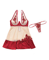 Sheer Nylon & Stretch Satin Babydoll w/Underwire Cups & G-String Merlot/Nude 3X/4X