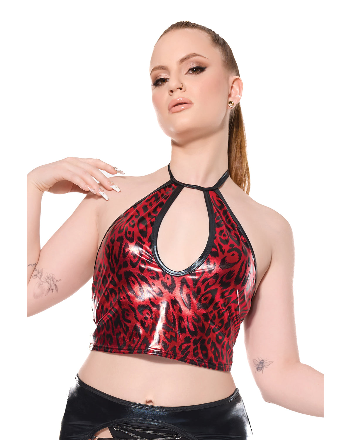 Darque Metallic Wet Look Keyhole Halter Top - Red/Black SM