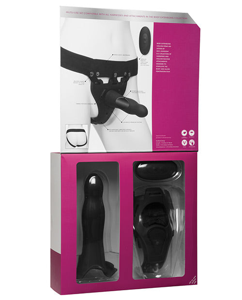 Body Extensions Be Aroused Silicone Strap-On Rechargeable Vibrating Harness with Slim Dildo and Remote Control 7in - 2 piece set - Black