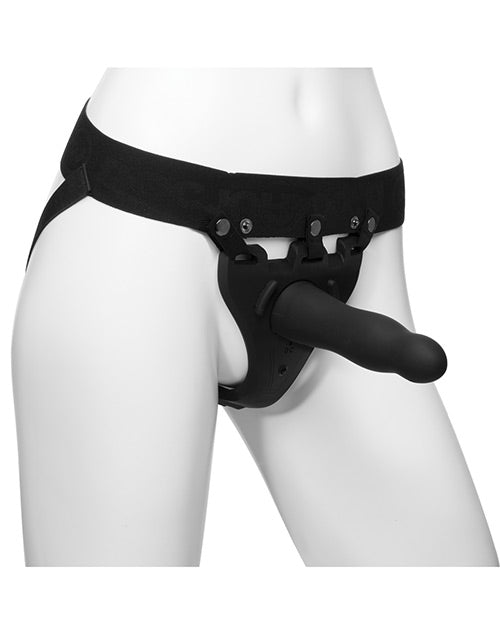 Body Extensions Be Aroused Silicone Strap-On Rechargeable Vibrating Harness with Slim Dildo and Remote Control 7in - 2 piece set - Black