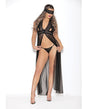 Euphoria Long Gown w/Peek A Boo Cups, Open Crotch Panty & Mask Black O/S