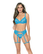 Underwire Lace Bra, Garterbelt & G-String Blue Small