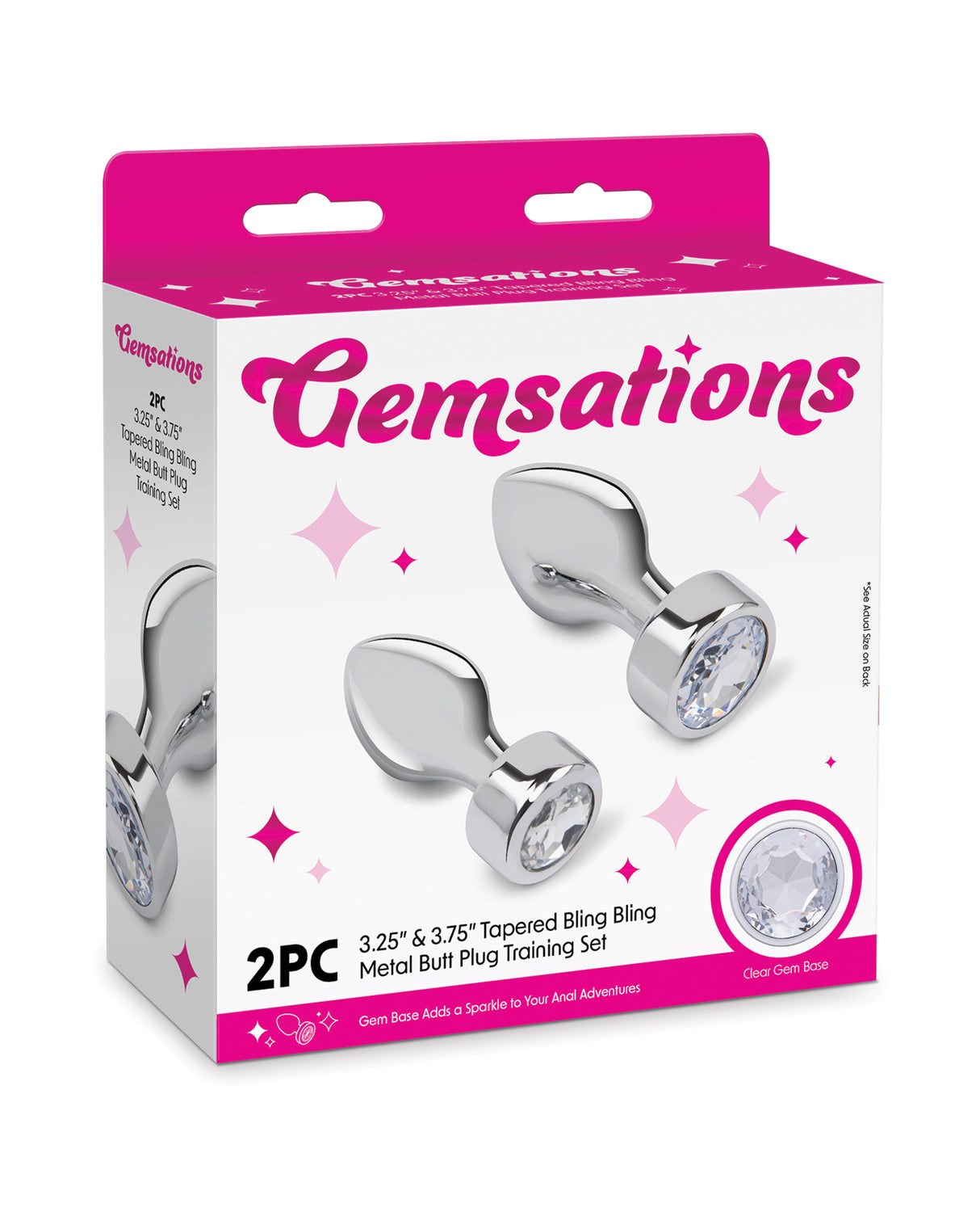 Gemsations 2 pc 3.25" & 3.7" Tapered Bling Bling Metal Butt Plug Training Set - Silver