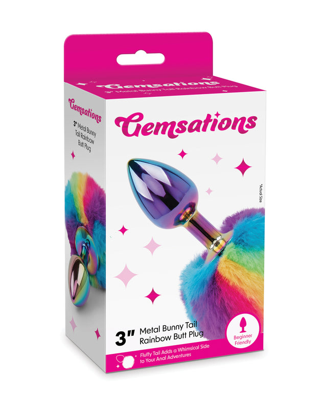 Gemsations 2.95" Metal Bunny Tail Rainbow Butt Plug - Rainbow