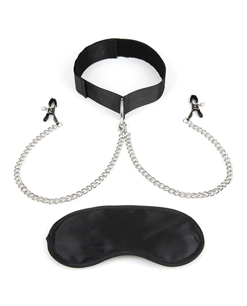 Lux Fetish Collar and Nipple Clamps with Adjustable Clamps - Black