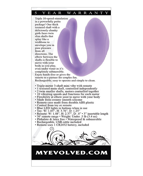 Petite Tickler Rechargeable Silicone Triple Stimulating Mini Vibrator with Remote Control - Lavender