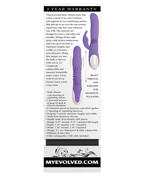 Thick and Thrust Bunny Rechargeable Silicone Rabbit Vibrator with Length Thrusting and Girth Expanding Action - Lavender