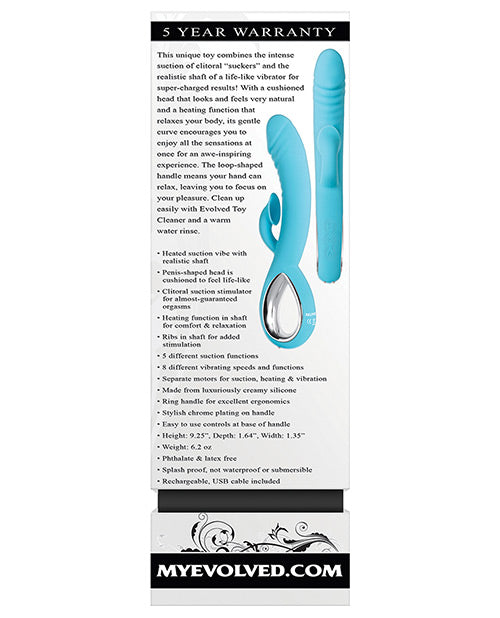 Triple Infinity Rechargeable Silicone Heated Dual Vibrator with Clitoral Suction Stimulator - Aqua