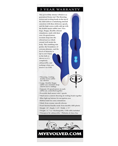 Grand Slam Thrusting and Twirling Rechargeable Silicone Vibrator with Clitoral Stimulator - Blue