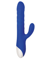 Grand Slam Thrusting and Twirling Rechargeable Silicone Vibrator with Clitoral Stimulator - Blue