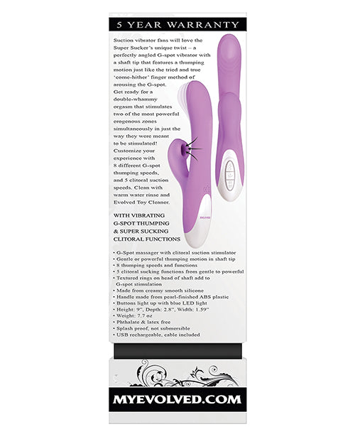 Super Sucker Rechargeable Silicone G-Spot Vibrator with Clitoral Stimulator - Purple