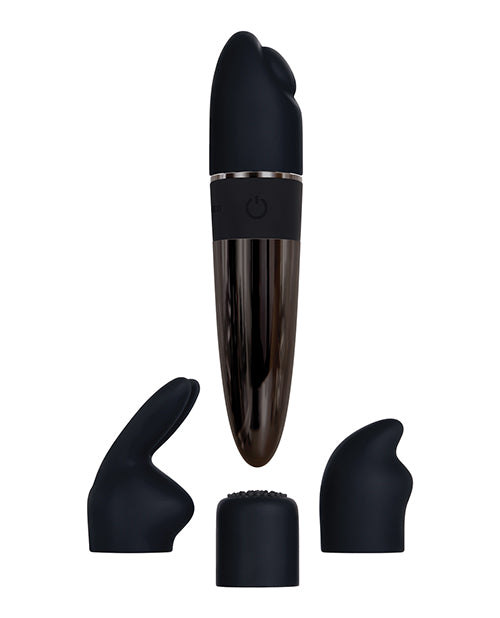 Tiny Treasures Silicone Rechargeable Vibrator with Multiple Attachments - Black