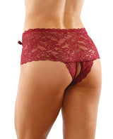 Bottoms Up Magnolia Stretch Lace Crotchless Panty w/Ribbon Lace Up Front Garnet L/XL