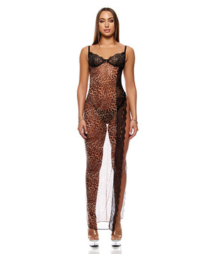 Animal Instincts Sheer Mesh and Lace Gown w/Thong 2 pc Set - Animal SM