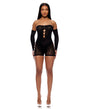 Cross Your Mind Romper Bodystocking w/Rhinestone Details & Gloves 2 pc Set - Black O/S