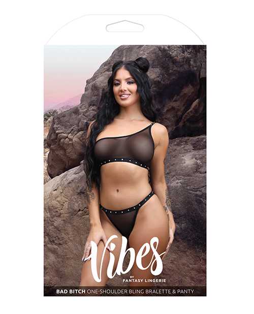 Vibes Bad Bitch One Shoulder Bling Bralette & Panty Black M/L