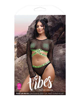 Vibes Fuck Ur Rules Long Sleeve Crop Top, Panty & Pasties Black/Green S/M