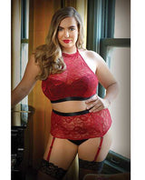 Curve Aria Lace Halter Top & High Waist Panty Red 1X/2X