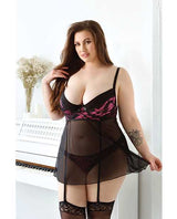Curve Madison Soft Cup Babydoll w/Garters & Panty Black/Pink 1X/2X