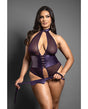 Domina Open Halter Teddy in Mesh & Leatherette w/Matching Blindfold - Purple QN