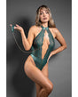 Domina Lace Halter Teddy w/Zipper Detail & Detachable Chain-Link Leash - Green M/L