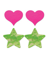 Fantasy UV Reactive Neon Heart & Lace Star Pasties - Pink & Green O/S Pack of 2