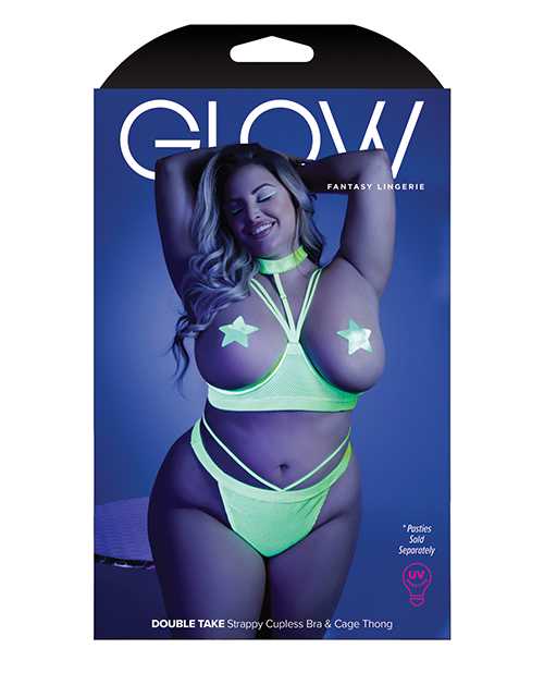 Glow Black Light Harness Open Shelf Bra & Cage Thong (Pasties not Included) Neon Lemon QN