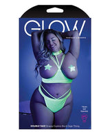 Glow Black Light Harness Open Shelf Bra & Cage Thong (Pasties not Included) Neon Lemon QN