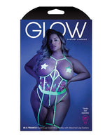 Glow Black Light Embroidered Cupless Garter Teddy (Pasties Not Included) Neon Chartreuse QN