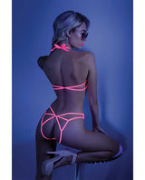 Glow Black Light Halter Bodysuit w/Open Sides Neon Pink S/M