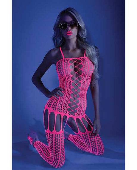 Glow Black Light Criss Cross Paneled Bodystocking Neon Pink O/S