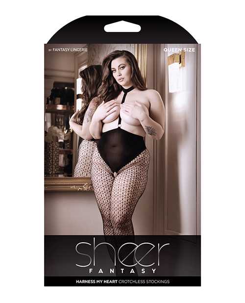 Sheer Fantasy Choker Harness Stockings w/Open Crotchless Black QN