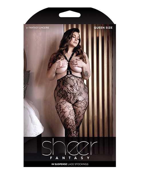 Sheer Fantasy Floral Lace Suspender Stockings w/Stud Detail Black QN