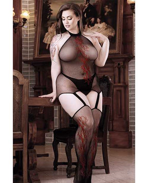 Sheer Body Language Halter Dress w/Attached Stockings & Red Floral Design Black QN