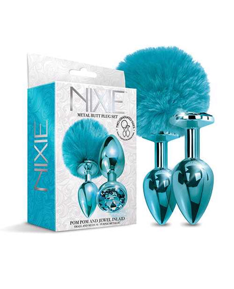 Nixie Metal Butt Plug Set w/Jewel Inlaid & Pom Pom - Blue Metallic