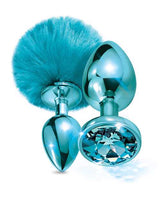 Nixie Metal Butt Plug Set w/Jewel Inlaid & Pom Pom - Blue Metallic