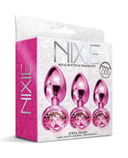 Nixie Metal Butt Plug Trainer Set w/Inlaid Jewel - Pink Metallic