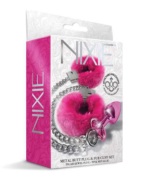 Nixie Metal Butt Plug w/Inlaid Jewel & Fur Cuff Set - Pink Metallic