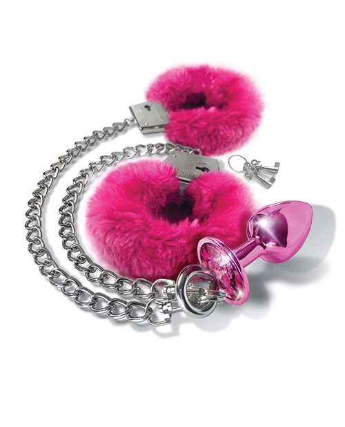 Nixie Metal Butt Plug w/Inlaid Jewel & Fur Cuff Set - Pink Metallic