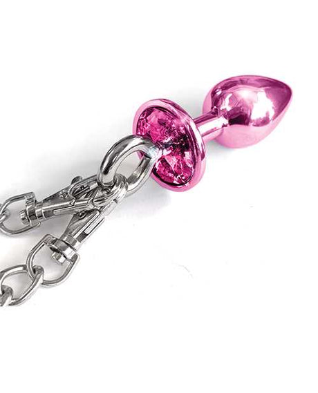 Nixie Metal Butt Plug w/Inlaid Jewel & Fur Cuff Set - Pink Metallic