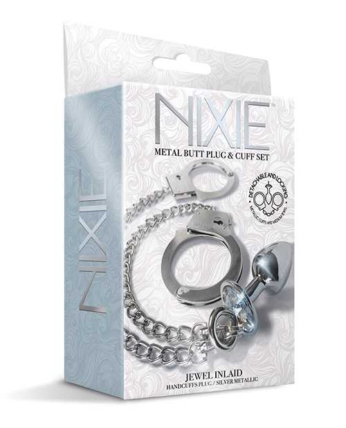 Nixie Metal Butt Plug w/Inlaid Jewel & Fur Cuff Set - Silver Metallic