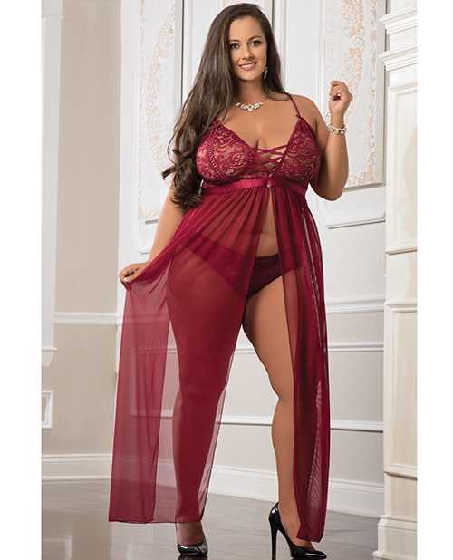 Empire Waist Laced Sheer Long Dress & Panty Mulled Wine QN