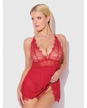 Mila Eyelash Lace & Mesh Babydoll w/G-String 2 pc Set - Red XL