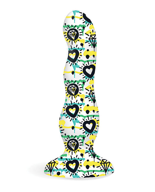 Collage Diamonds and Hearts Curvy Silicone Dildo - Multicolor