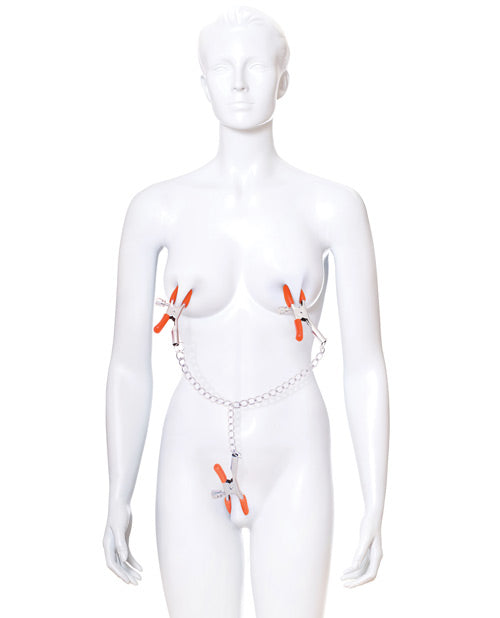 Orange Is The New Black Triple Your Pleasure Nipple and Clitoral Clamps with Chain - Orange