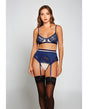 Geometric Lace w/Matte Microfiber Bra, Garter Belt & G-String Navy/Beige LG