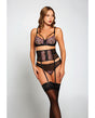 Jacquard Lace, Fine Mesh, Waist Cincher Garter & Thong Fuchsia/Black LG